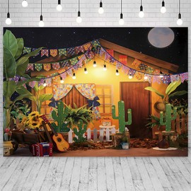 7x5ft Mexican Fiesta Backdrop Mexican Cinco De Mayo Carnival Photography Background Rustic Wood House Cactus Banner Decorations Mexican Birthday Party Photo Booth Props