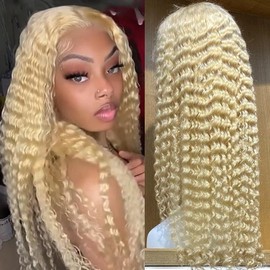 Missyvan 613 Curly Blonde Synthetic Lace Front Wig Long Curly Deep Wave Jerry Curly Light Blonde Frontal Wig Glueless Pre Plucked Colored Natural Hair Line Wigs for Women 32 Inches