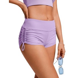 CRZ YOGA Womens Swim Board Shorts High Waisted Bathing Suit Bottoms Adjustable Ruched Side Swimsuit Elfin Purple Small