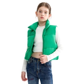 maoo garden Girls Winter Puffer Vest Faux-Down Short Cropped Lightweight Water-Resistant Big Girls Sleeveless Jacket Green 6Y