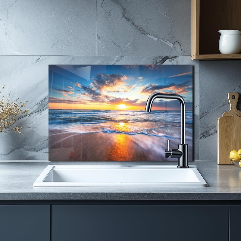 Tempered Glass Backsplash For Kitchen Behind Stove,Sea Beach Stove Backsplash