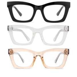 bullabulling 3 pack Oprah style Spring hinge Readers Blue Light Blocking Computer Square Reading Glasses for Women Men (black/clear/tea, 2.0)