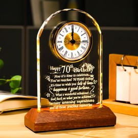 Ornalrist Happy 70th Birthday Crystal Clock Gifts for Women, Men - 70 Year Old Birthday Gift for Mom, Dad - Turning 70 Quartz Clock with Wooden Light Base Home Office Decor (9'' Gift Boxed)