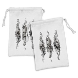 Lunarable Tattoo Fabric Pouch Set of 2, Revenge Fierce Faced Skull Triplets with Romantic Detail of Rose Image Print, Small Drawstring Bag for Toiletries Masks and Favors, 9" x 6", Black and White