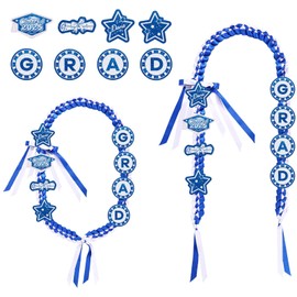 2025 Graduation Leis Set, Class of 2025 Ribbon Garland Braided Necklace with Pins, Ribbon Lei Decorations Graduation Gift for High School College Grad Party (Blue White)