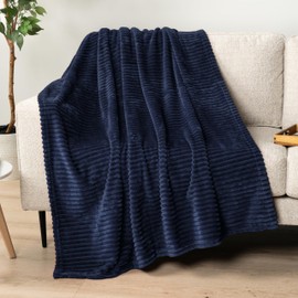 PAVILIA Super Soft Fleece Throw Blanket Navy Blue, Luxury Fuzzy Plush Flannel Throw, Warm Cozy Ribbed Microfiber Blanket for Sofa Couch Bed, Lightweight Striped Blanket, Navy, 50x60