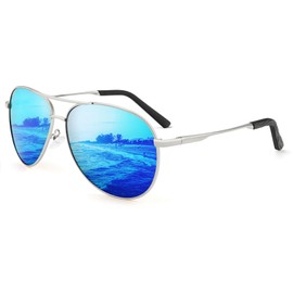 HENGOSEN Aviator Sunglasses Men Women Aviator Polarised Sunglasses Metal Frame Unisex Driving Sunglasses with UV400 Protection, 05 Silver/Ice Blue