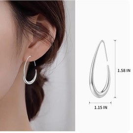 Delicate Teardrop Hoop Earrings for Women - 18k Gold Plated Large Oval Pull-Through Hoops, High Polished Statement Jewelry Gift (Silver 40mm)