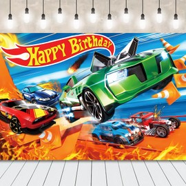 Hot Whee-l Happy Birthday Backdrop, Car Photography Backdrop Photo Background, Happy Birthday Banner Party Supplies for Kids Party Decorations 5x3FT