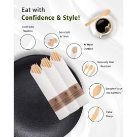 Bamboo Compostable Cutlery Set 100 Pack - Biodegradable Utensils with Forks, Knives, Spoons & Napkins - Eco Friendly Disposable for Wedding, Party & Camping