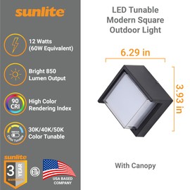 Sunlite 85113 LED Square Modern Outdoor Light Fixture with Canopy, 12 Watts, 850 Lumens, Color Tunable 30K/40K/50K, 90 CRI, ETL Listed, Black, for Entryway, Garage and Porches
