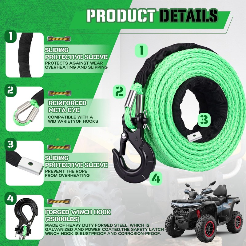 1/4" x 100 ft Synthetic Winch Rope Cable Kit, 11000lbs,