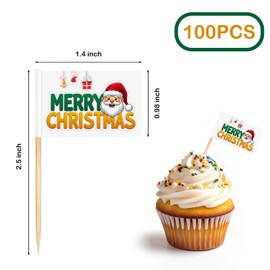 100PCS Christmas Cocktail Sticks Christmas Food Flags Toothpicks Flags Cupcake Toppers,Handmade Wooden Cocktail Skewers with Christmas Ornament for Birthday Wedding Christmas Party Decoration Supplies