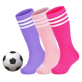 Zando Girls Soccer Socks Pink Boys Youth Baseball Softball Football Sport Stocking Girls School Uniform Knee High Socks3 Pairs Purple White/Peach Red White/Pink White　10-12 Years