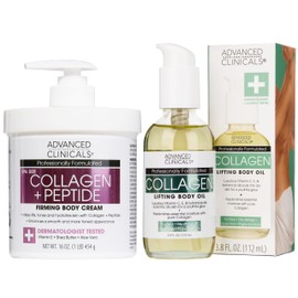 Advanced Clinicals Collagen Peptides Firming Body Lotion Face Cream + Collagen Body Oil Moisturizer 2PC Skin Care Set For Women & Men | Skin Tightening Dry Skin Moisturizing Cream & Massage Oil, 2PC