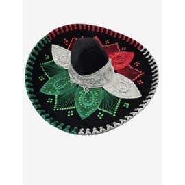 Mexican Mariachi Sombrero Hat, Traditional Charro Style, Black with Red White Green Embroidery