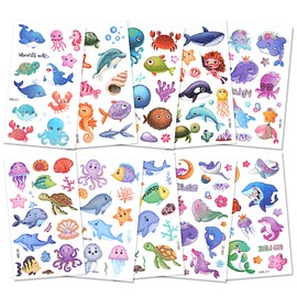 AOOWU Glitter Tattoo Set Children, 10 Sheets Ocean Glitter Tattoos Girls, Waterproof Children's Tattoo Stickers Boy, Temporary Children's Tattoos for Party Decoration Gifts Party Bags Children's