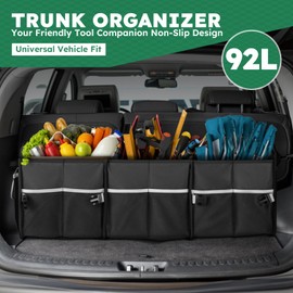 Tonmifr Heavy-Duty Trunk Organizer & Multi-Compartment Storage Box for SUV/Sedan/Minivan,600D Waterproof Oxford,2 Securing Hooks & Reflective Strips-Large Capacity Organiser(92L)