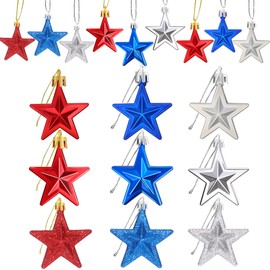 JULMELON 36Pcs Patriotic Star Ornaments Memorial Day Independence Day Labor Day Veterans Day Decorations for Home Party Christmas Tree Decor, Blue Red and Silver