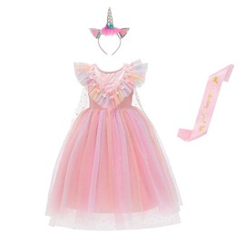Dressy Daisy Disfraz Vestido de Tul Cumpleaños de Princesa Unicornio con Capa y Aro de Pelo para Niñas Talla 7-8 años, Rosa
