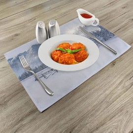 Lunarable Mountain Place Mats Set of 4, Old Farm House by The Mountain in The Winter Season Cold Times in Rural Nature Scene, Washable Fabric Placemats for Dining Table, Standard Size, White