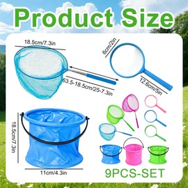 9 Pcs Fishing Net, Crabbing Kit and Fishing Nets for Kids, 9-Piece Set with Collapsible Fishing Bucket, Multiple Colour Options for Fishing and Crabbing Activities, Durable Construction for Outdoor Us