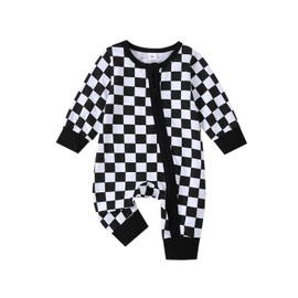 XIXIMAON Toddler Baby Boy Jumpsuit Round Neck Long Sleeve Checkerboard Zipper Romper patchwork Bodysuit Newborn Coming Home Clothes Boys Fall Outfit (Black, 0-3 Months)