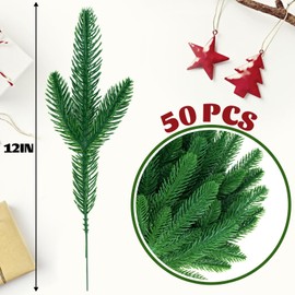 BCUEIDO 50 Pcs Christmas Greenery Stems Evergreen Branches Greenery Pine Branches for Decorationg Realistic Pine Needles Picks Christmas Tree Filler Branches