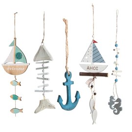 Logbuch-Verlag 5 Maritime Wooden Pendant Easter Decoration Anchor Sailing Boat Fish Blue White Sea Bathroom