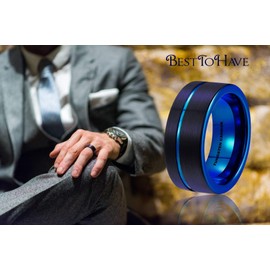 BESTTOHAVE Mens Tungsten Ring -Black Tungsten Wedding Band 8mm for Men Women Blue Black Pipe Cut Brushed Ring L