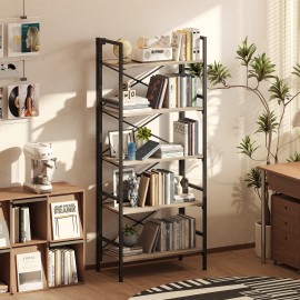 Wood Folding Bookshelf 5-Tier Foldable Shelf with X-Bracket Design Adjustable Feet Space-Saving Storage for Living Roomcolor: Grey, capacity: >501ml, size: 59.8*30*125.2cm