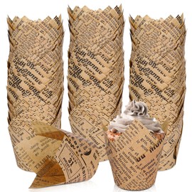 Whaline 200Pcs Tulip Cupcake Liners 2 x 3.1 Inch Greaseproof Muffin Baking Liners Natural Newspaper Print Tulip Cupcake Wrappers Paper Baking Cup for Wedding Birthday Party Decor