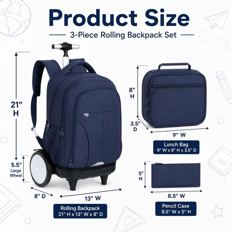 AGSDON Quiet Glide Rolling Backpack with Lunch Box Set -