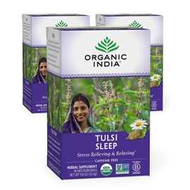 Organic India Tulsi Sleep Herbal Tea - Stress Relieving & Relaxing, Immune Support, Balances Sleep Cycles, Vegan, USDA Certified Organic, Non-GMO, Caffeine-Free - 18 Infusion Bags, 3 Pack