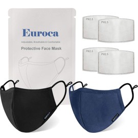 Euroca 4-Layer Cloth Face Mask Reusable Washable Adjustable for Adult -2 Packs with 4 Filters Included (Black Navy)