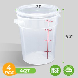 BIEAMA 4 Pack Round Food Storage Containers with Lids, 4Qt Translucent, Polypropylene, BPA Free, Includes Labels & Measuring Cups