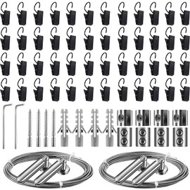 Juego de 2 varillas de alambre ajustables de acero inoxidable con 48 clips negros para tapiz, fotos, arte y exhibición de manualidades de 5 m