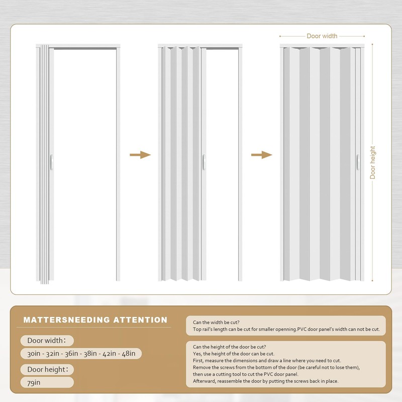 HARDJULAN 30X79in Interior Folding Accordion Doors for Living Spaces,White PVC,Handle