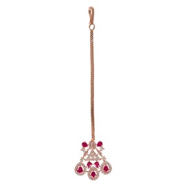 I Jewels Womens Rose Gold Plated Maang Tikka Beautiful Ad & Cz Studded Crystal Maang Tikka (T2112Q) Pink