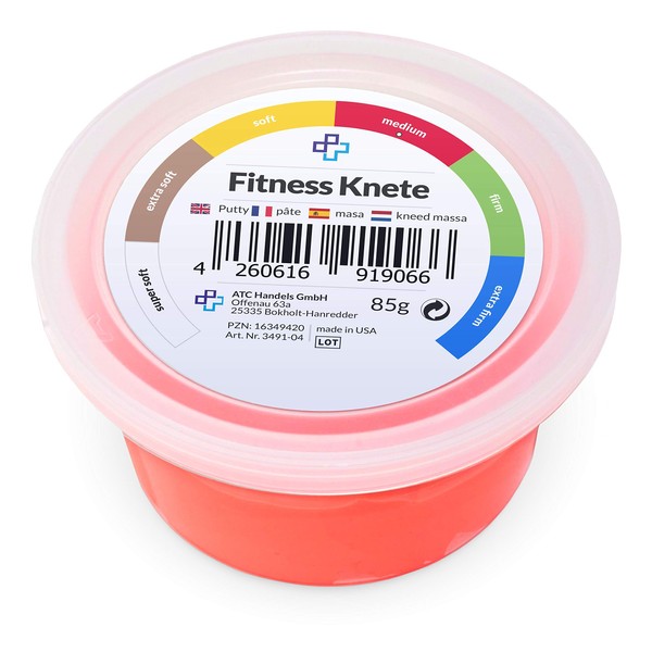 ATC Handels GmbH Fitness Clay in 6 Different Resistance Levels - for Hand Training, Anti-Stress, Hand Muscles, Fine Motor Skills - Malleable, Versatile and Strengthening (110 g - Red, Medium)