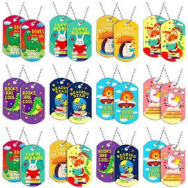Cunno 24 Pcs Student Reading Incentives Dog Tags Bulk Animal Themed Reading Necklace for Classroom Teacher Rewards Prize Graduation School Party Decoration
