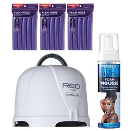 Red by Kiss Salon Styling Bundle – Professional Ceramic Tourmaline Hood Dryer + Foaming Wrap Mousse with Jamaican Black Castor Oil + Flexi Rods 3-Pack for Heatless Curls, Shine & Frizz Control