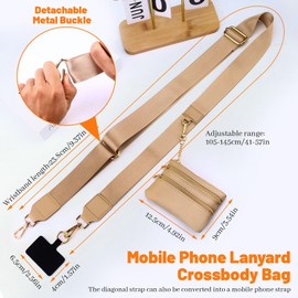 Yitexin Adjustable Phone Lanyard with Zippered Wallet Pouch, Detachable Anti Theft Phone Lanyard Crossbody, Cell Phone Strap (Khaki)