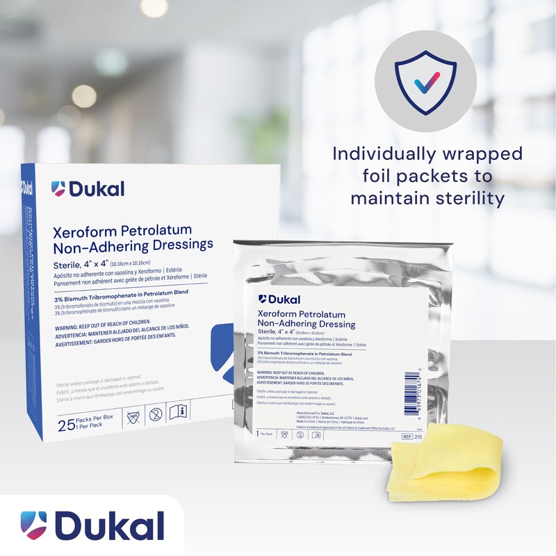 Dukal 215 Xeroform Petrolatum Gauze, Sterile, 4" x 4", Pack
