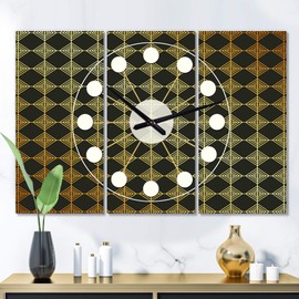 Designart 'Golden Luxury Metallic Geometrics I' Oversized Mid-Century Modern 3 Panels Wall Clock