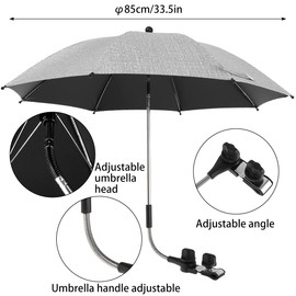 Baby Pram Umbrella 360° UV Protection Baby Stroller Umbrella Universal Pram Parasol with Adjustable Clamp and Flexible Arm Waterproof Baby Carriages Umbrella for Pram Stroller Pushchair and Buggy