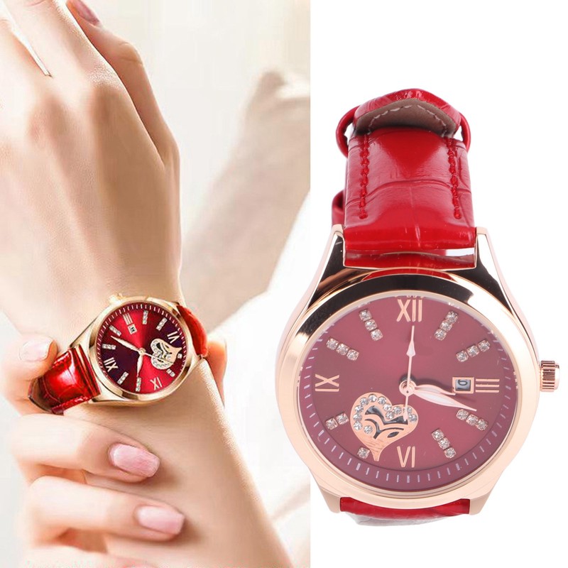 Women Watch Wine Red Mechanical Watch Luminous Waterproof Hollow Heart