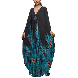 L-Peach Women Bohemian Kaftan Maxi Loungewear Nightgown Kimono Oversized Sleepwear Beach Dress Cover ups