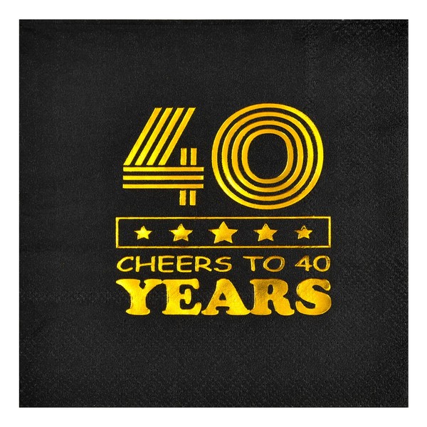 Servilletas de cumpleaños Crisky Cheers to 40 años para decoración de cumpleaños 40 en negro y dorado para hombres, 50 unidades, 3 capas, tamaño de servilletas de cóctel