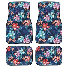 GEMEICHI Tropical Flower Car Floor Mats Carpet Set of 4 Abstract Bright Colorful Summer Floral with Leaves Floor Mats for Cars Universal Vehicle Front Rear Rugs Cute Car Decor Accessories for Trucks